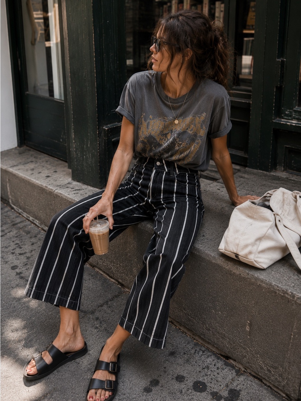 High-Waist Black & White Striped Cropped Wide-Leg Pants